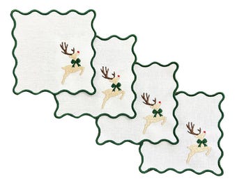 Tovaglioli da cocktail in lino smerlato con motivo a renna.