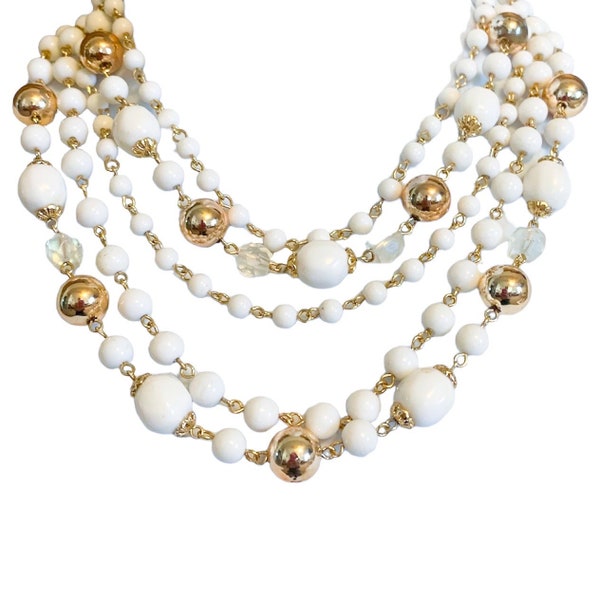 Vintage 5 Strand Gold & White Beaded Necklace Glam Retro Jewelry Sixties Fashion Delicate Mid Century Coquette Fairycore Romantic