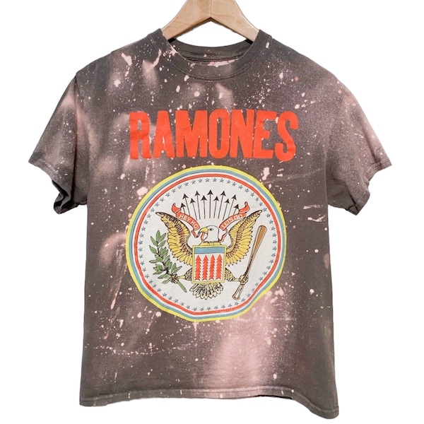 Rare Re-Worked Ramones Punk Band Hand Bleached T-Shirt Grunge Vibes Streetwear Casual Tee Music Bands