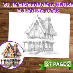 Cute Gingerbread House Coloring Book Adults Kids Coloring Pages, Download Grayscale Illustration, Printable PDF File