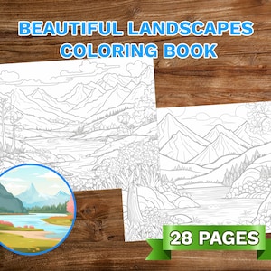 28 Beautiful Landscapes Coloring Book Adults Kids Coloring Pages, Instant Download, Grayscale Coloring Book, Printable