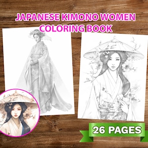 26 Japanese Kimono Women with Flowers Coloring Book Adults Kids Coloring Pages, Download Grayscale Illustration, Printable PDF File