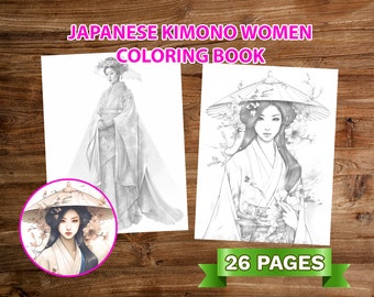 Japanese Kimono Women Coloring Book, Grayscale Illustration (PDF)