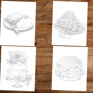 May include: Four black and white illustrations of different foods. The first image shows a plate of food with a knife and fork. The second image shows a plate of food with a pile of pancakes. The third image shows a cake with flowers on top. The fourth image shows a hamburger.