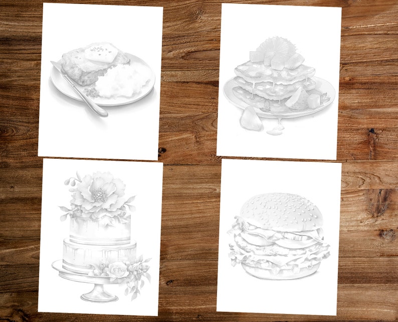 May include: Four black and white illustrations of different foods. The first image shows a plate of food with a knife and fork. The second image shows a plate of food with a pile of pancakes. The third image shows a cake with flowers on top. The fourth image shows a hamburger.