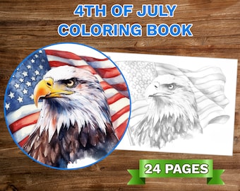 4th of July Coloring Book Adults Kids Coloring Pages, Download Grayscale Illustration, Printable PDF File
