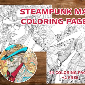 26 Steampunk Men Coloring Book for Adults Kids Coloring Pages, Grayscale Coloring Book, Instant Download, Printable PDF File