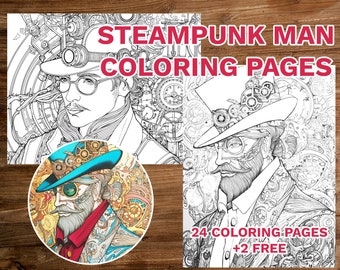 Steampunk Men Coloring Book, Grayscale Portraits (Printable PDF)