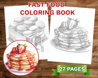 Fast Food Coloring Book Adults Kids Coloring Pages, Download Grayscale Illustration, Printable PDF File