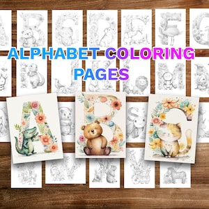 Libro para colorear del alfabeto, páginas para colorear para adultos y niños, letras en escala de grises, página para colorear de letras para imprimir, descarga instantánea