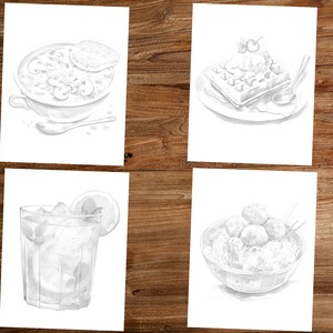 May include: Four black and white illustrations of food and drink. The first image shows a bowl of soup with a piece of bread on top. The second image shows a waffle with ice cream and a cherry on top. The third image shows a glass of iced tea with a lemon wedge. The fourth image shows a bowl of meatballs with a sauce.