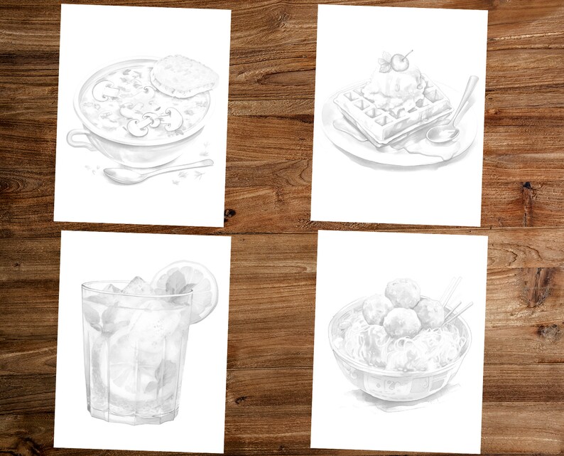 May include: Four black and white illustrations of food and drink. The first image shows a bowl of soup with a piece of bread on top. The second image shows a waffle with ice cream and a cherry on top. The third image shows a glass of iced tea with a lemon wedge. The fourth image shows a bowl of meatballs with a sauce.