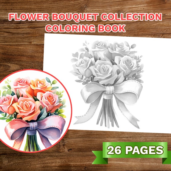 Flower Buquet Collection Coloring Book Adults Kids Coloring Pages, Instant Download, Grayscale Coloring Book, Printable PDF File
