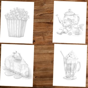 May include: Four black and white illustrations of different food and drink items. The first image shows a bucket of popcorn. The second image shows a teapot and a cup of tea. The third image shows a slice of cheesecake with a strawberry on top. The fourth image shows a glass of iced coffee with whipped cream.