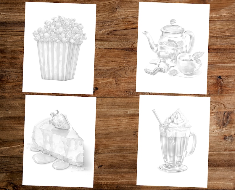 May include: Four black and white illustrations of different food and drink items. The first image shows a bucket of popcorn. The second image shows a teapot and a cup of tea. The third image shows a slice of cheesecake with a strawberry on top. The fourth image shows a glass of iced coffee with whipped cream.