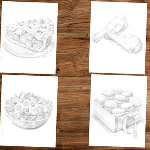 May include: Four black and white drawings of different foods. The first drawing is of a slice of apple pie on a plate. The second drawing is of two fried chicken legs. The third drawing is of a salad in a bowl. The fourth drawing is of a box of macarons.