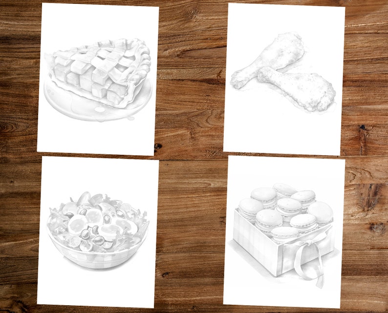 May include: Four black and white drawings of different foods. The first drawing is of a slice of apple pie on a plate. The second drawing is of two fried chicken legs. The third drawing is of a salad in a bowl. The fourth drawing is of a box of macarons.
