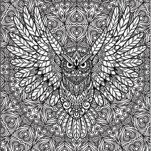 May include: A black and white line drawing of an owl with intricate details. The owl is surrounded by a patterned background of hearts and swirls.