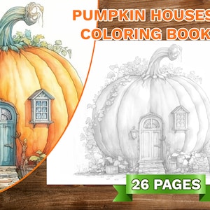 Pumpkin Fairy Houses Coloring Book Adults Kids Coloring Pages, Download Grayscale Illustration, Printable PDF File
