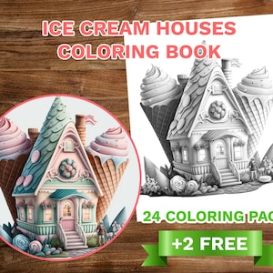 26 Little Ice Cream Fairy Houses Coloring Book Adults Kids Coloring Pages, Instant Download, Grayscale Coloring Book, Printable PDF File
