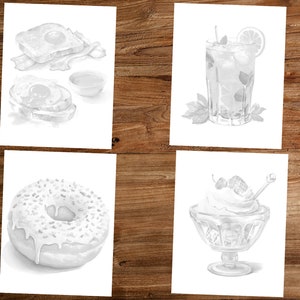 May include: Four black and white illustrations of food and drink. The first image shows a breakfast sandwich with a fried egg, the second image shows a donut with white frosting and sprinkles, the third image shows a glass of iced tea with a lemon wedge, and the fourth image shows a dessert with whipped cream and a cherry.