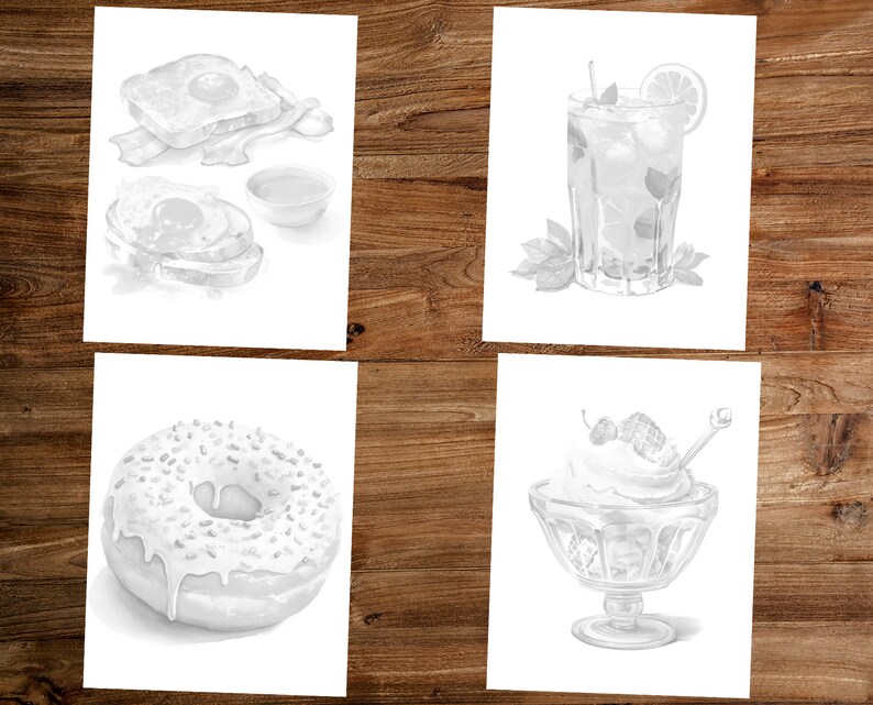 May include: Four black and white illustrations of food and drink. The first image shows a breakfast sandwich with a fried egg, the second image shows a donut with white frosting and sprinkles, the third image shows a glass of iced tea with a lemon wedge, and the fourth image shows a dessert with whipped cream and a cherry.