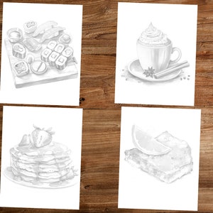 May include: A black and white illustration of four different food items: sushi rolls on a wooden board, a cup of coffee with whipped cream, a stack of pancakes with strawberries, and a slice of lemon on top of a baked good.