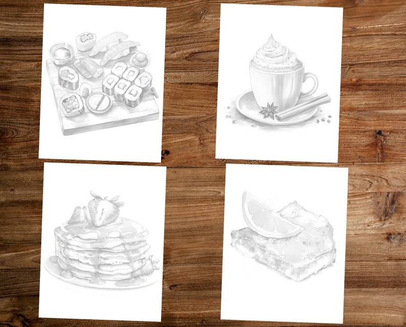 May include: A black and white illustration of four different food items: sushi rolls on a wooden board, a cup of coffee with whipped cream, a stack of pancakes with strawberries, and a slice of lemon on top of a baked good.