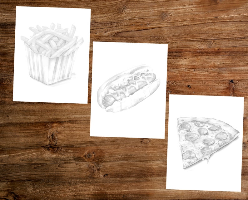 May include: Three black and white pencil drawings of different fast food items. The first drawing is of a container of french fries. The second drawing is of a hot dog with toppings. The third drawing is of a slice of pizza.