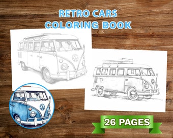 26 Retro Classic Car Coloring Book Adults Kids Coloring Pages, Download Grayscale Illustration, Printable PDF File