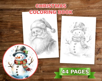 Christmas Coloring Book Adults Kids Coloring Pages, Download Grayscale Illustration, Printable PDF File