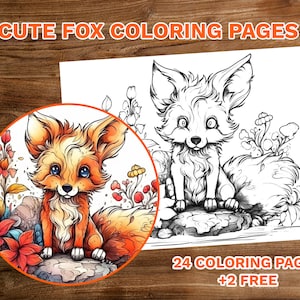 26 Cute Flower Foxes Coloring Book Adults Kids Coloring Pages, Instant Download, Grayscale Coloring Book, Printable PDF File