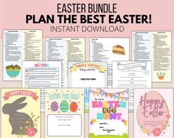 Può includere: Pacchetto di Pasqua stampabile con più pagine che includono ricette, attività e un invito alla caccia alle uova di Pasqua. Le pagine presentano uno schema di colori rosa e bianco con illustrazioni di conigli, uova e fiori.