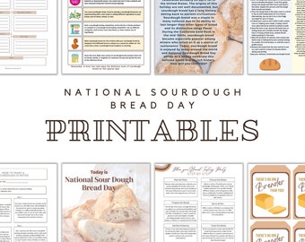 May include: A set of printable National Sourdough Bread Day printables. The printables include a recipe for sourdough starter, a step-by-step guide to planning a sourdough bread tasting party, and a printable sign that says "There's no one breader than you!"