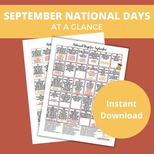 Printable September National Day Calendar | Holiday Tracker at a Glance | Fall Observances for Bulletin Board | Social Media Content Prompts