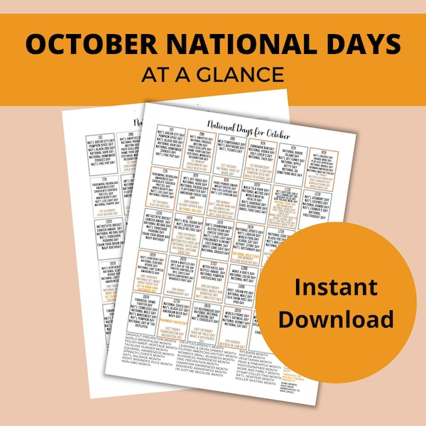 Printable October National Day Calendar | Holiday Tracker at a Glance | Fall Fun Theme Days for Bulletin Board | Social Media Content Plan