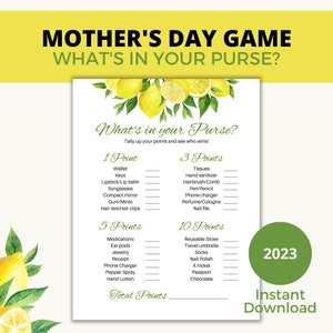 Mother's Day Game, What's in your Purse Game, Icebreaker Ideas for Party, Bridal Shower Game, Bachelorette Party Game, Purse Scavenger Hunt