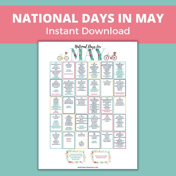 May National Days Printable Calendar | Spring Holidays at a Glance | Monthly Social Media Prompt Planner | Celebration Activity Tracker