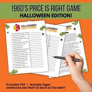 May include: A printable Halloween-themed game based on the 1960's Price is Right game show. The game features a list of 20 Halloween-themed items with blank spaces to fill in the price. The game is designed to be printed and played with friends and family.