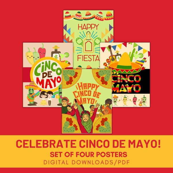 Cinco De Mayo Decorative Posters, Flyers for Bulletin Boards, Original Mexican Themed Artwork, Spanish Digital Prints for Walls, Latin Art