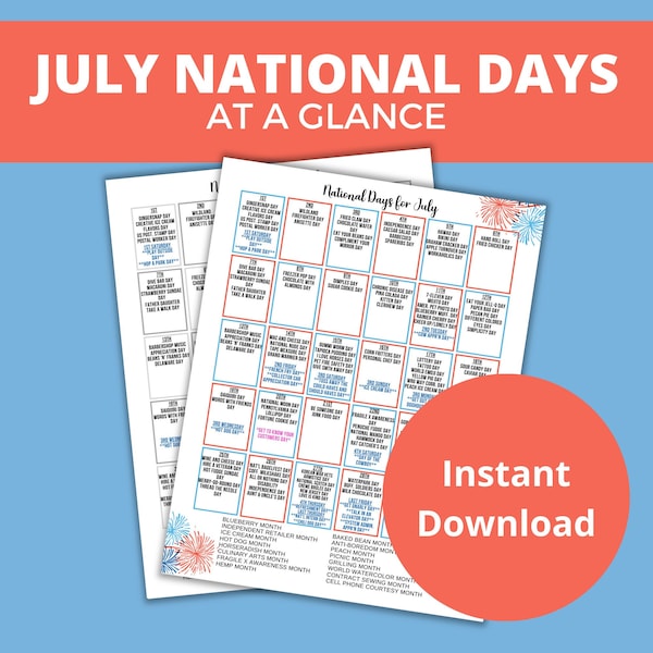 Printable July National Day Calendar | Holiday Tracker at a Glance | Summer Observances for Bulletin Board | Social Media Content Prompts