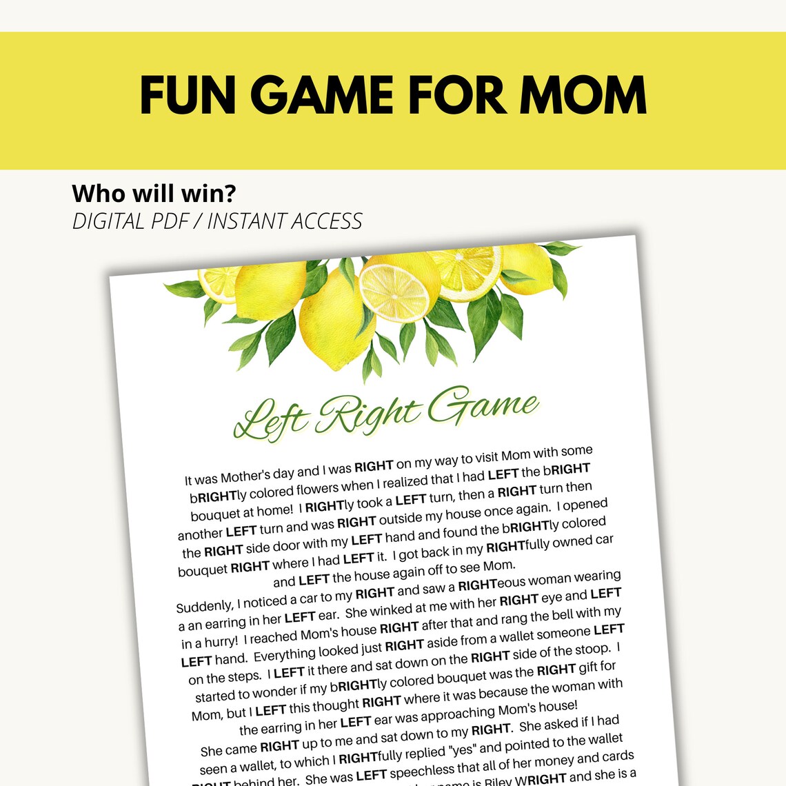 Mother's Day Left Right Game With Original Story | Unique Centerpiece ...