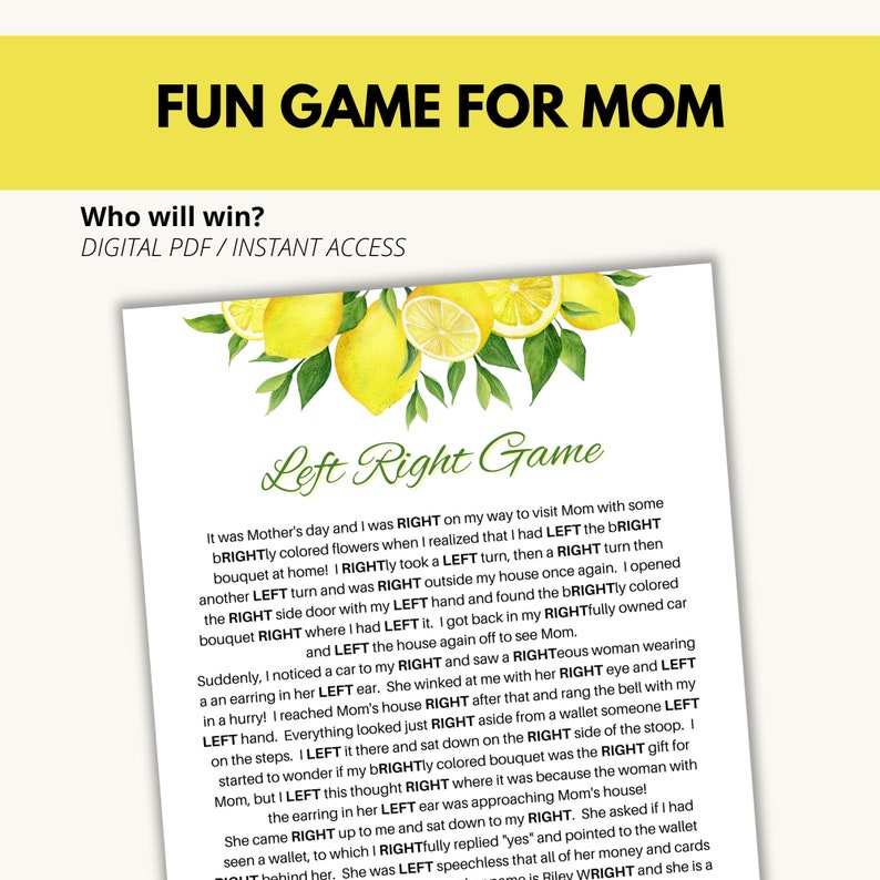 Mother's Day Left Right Game With Original Story | Unique Centerpiece ...
