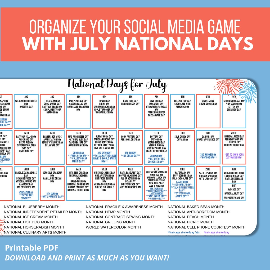 Printable July National Day Calendar Holiday Tracker at a Glance Summer