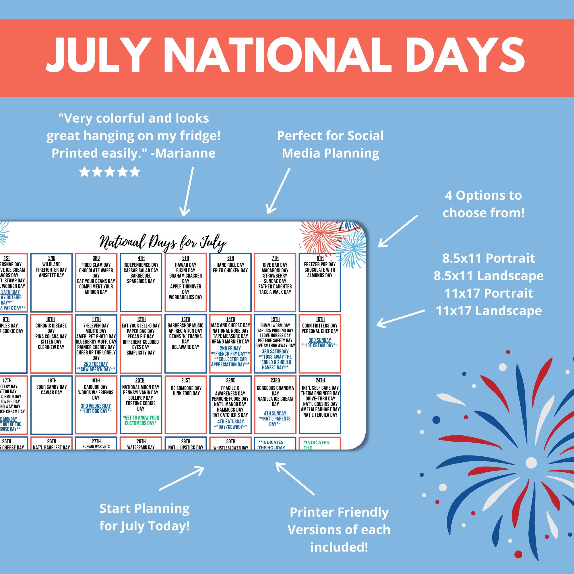 Printable July National Day Calendar Holiday Tracker at a Glance