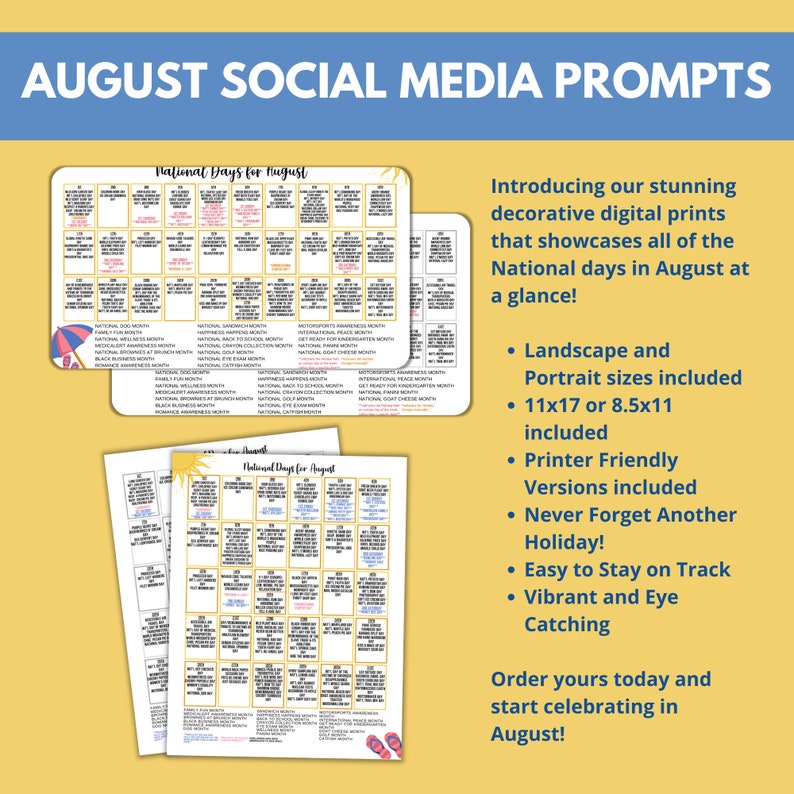 Printable August National Day Calendar Holiday Tracker at a Etsy