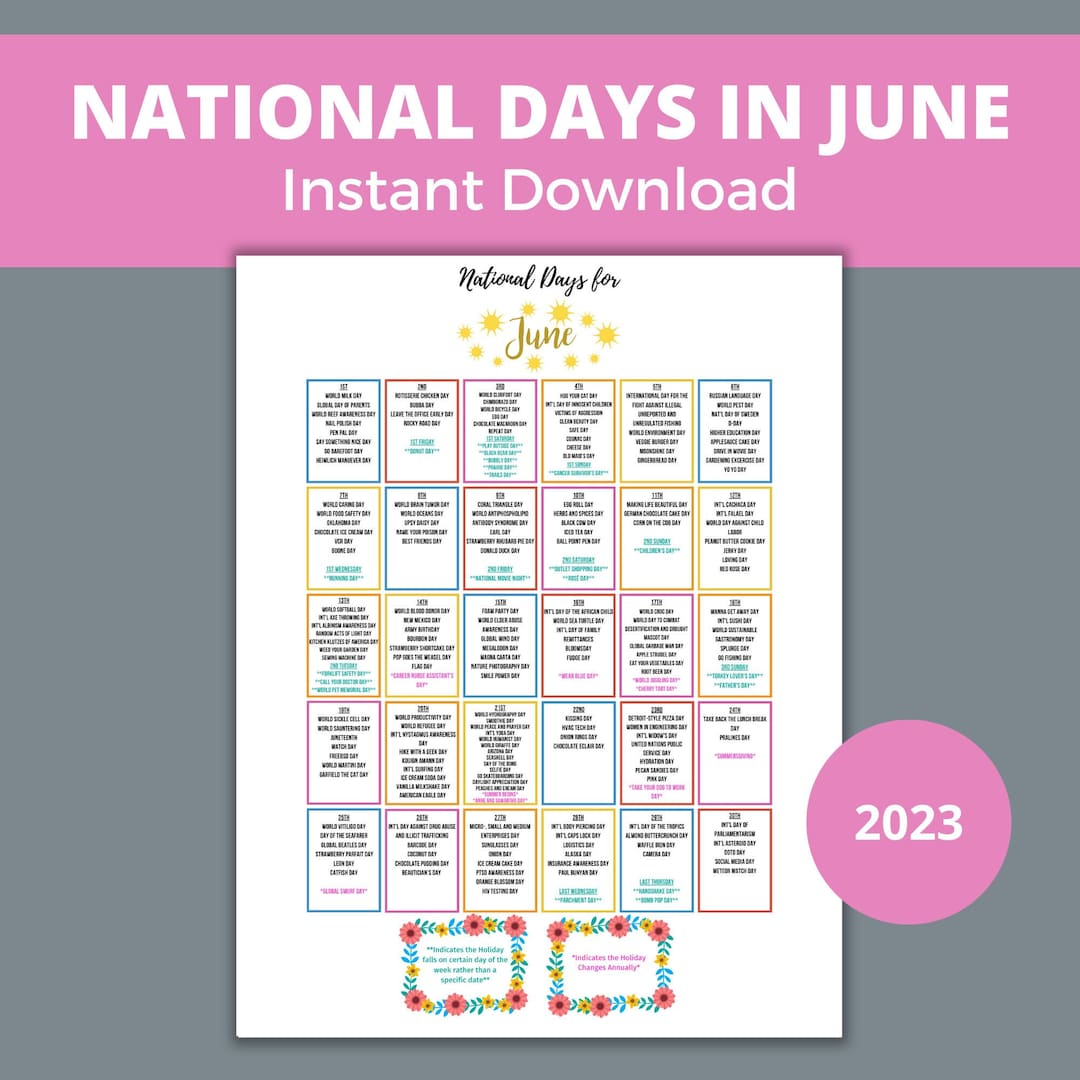 June National Day Calendar Printable at a Glance Holiday Tracker Spring