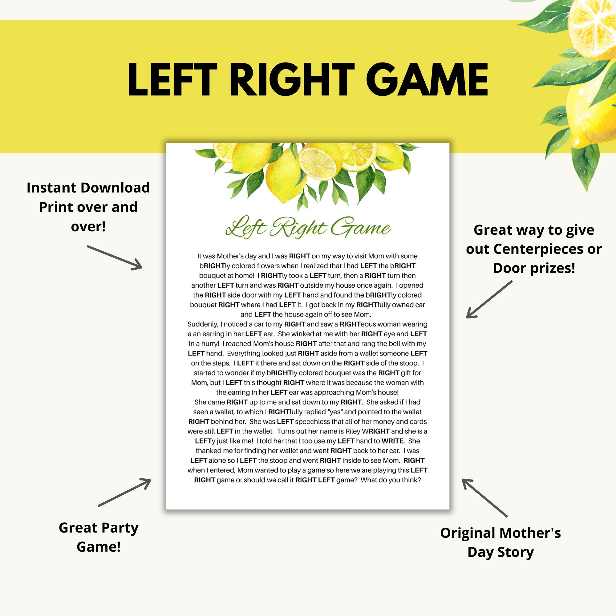 Mother's Day Left Right Game With Original Story | Unique Centerpiece ...