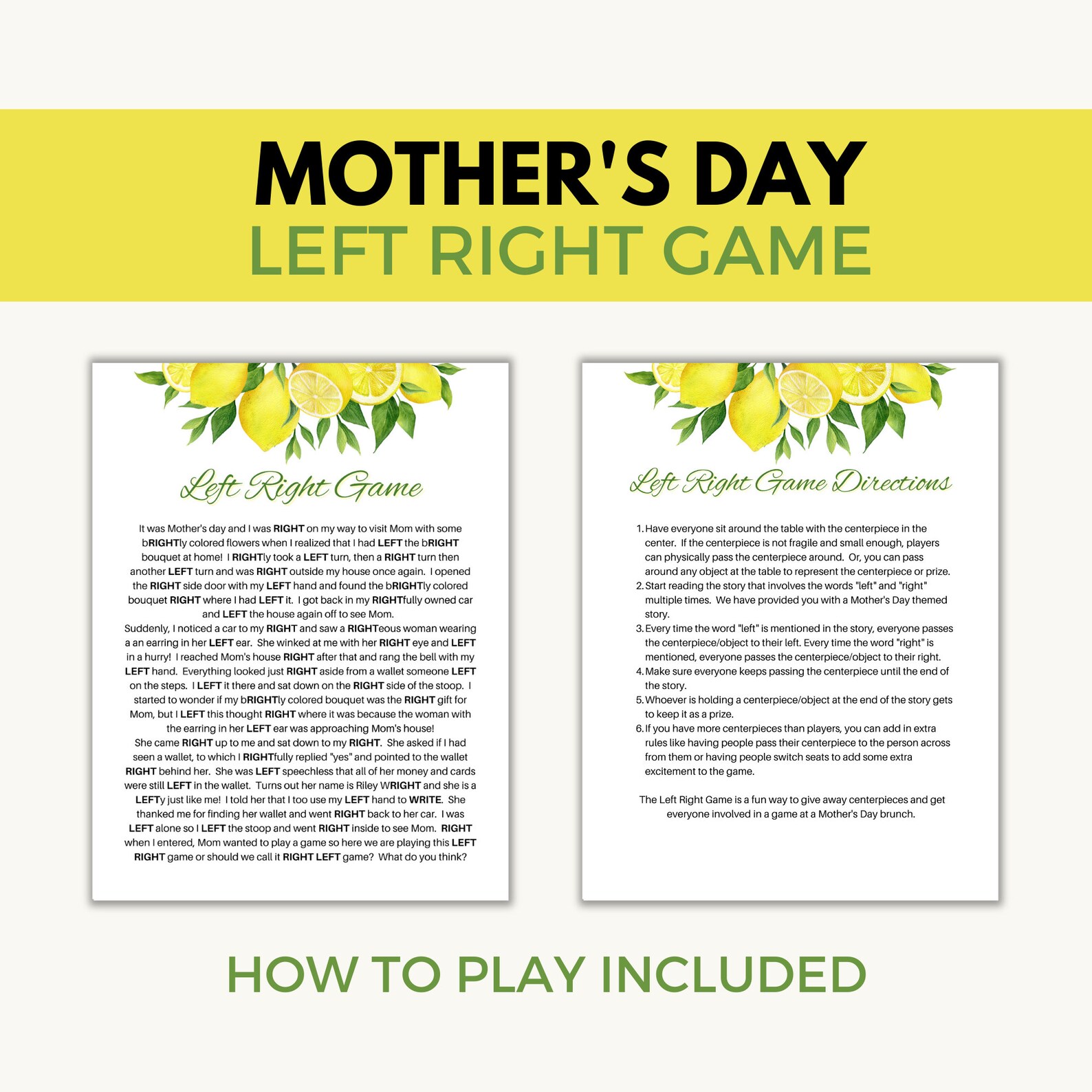Mother's Day Left Right Game With Original Story | Unique Centerpiece ...
