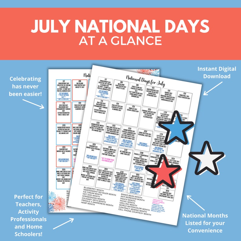 Printable July National Day Calendar Holiday Tracker at a Etsy